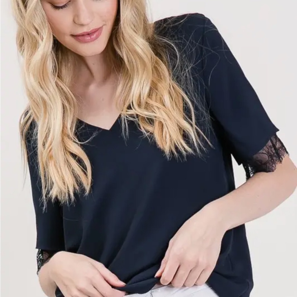 1118.  Navy Blue Lace Trim Top - Picture 2 of 5
